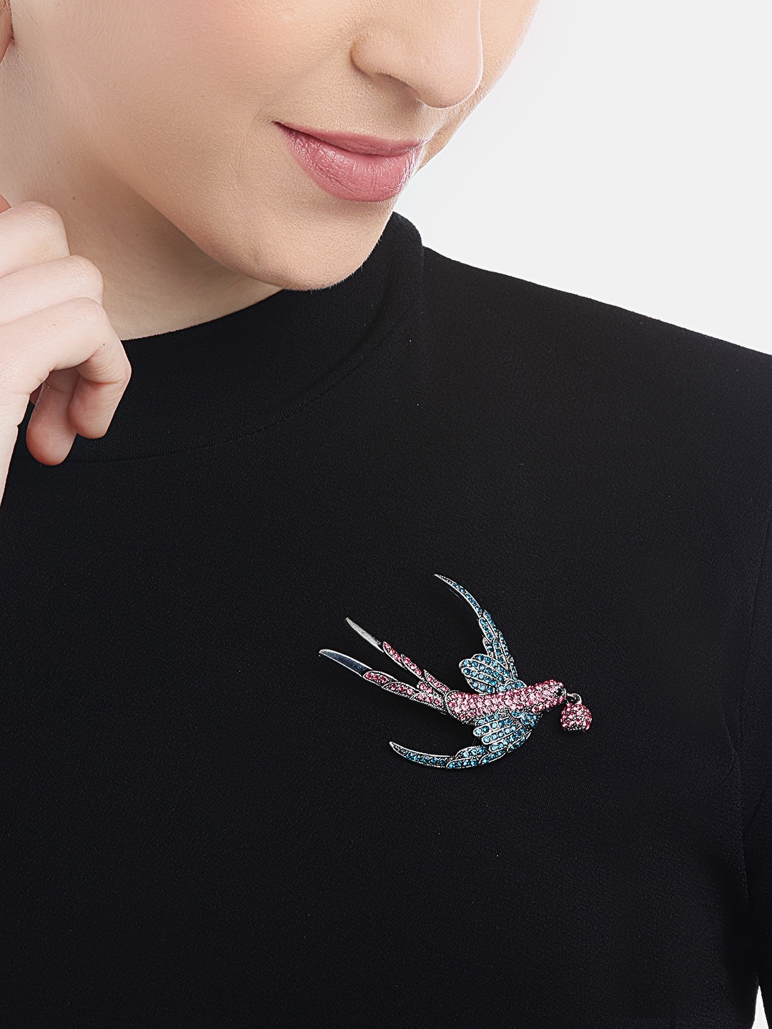 YouBella Women Pink  Blue Stone Studded Bird Shaped Statement Brooch